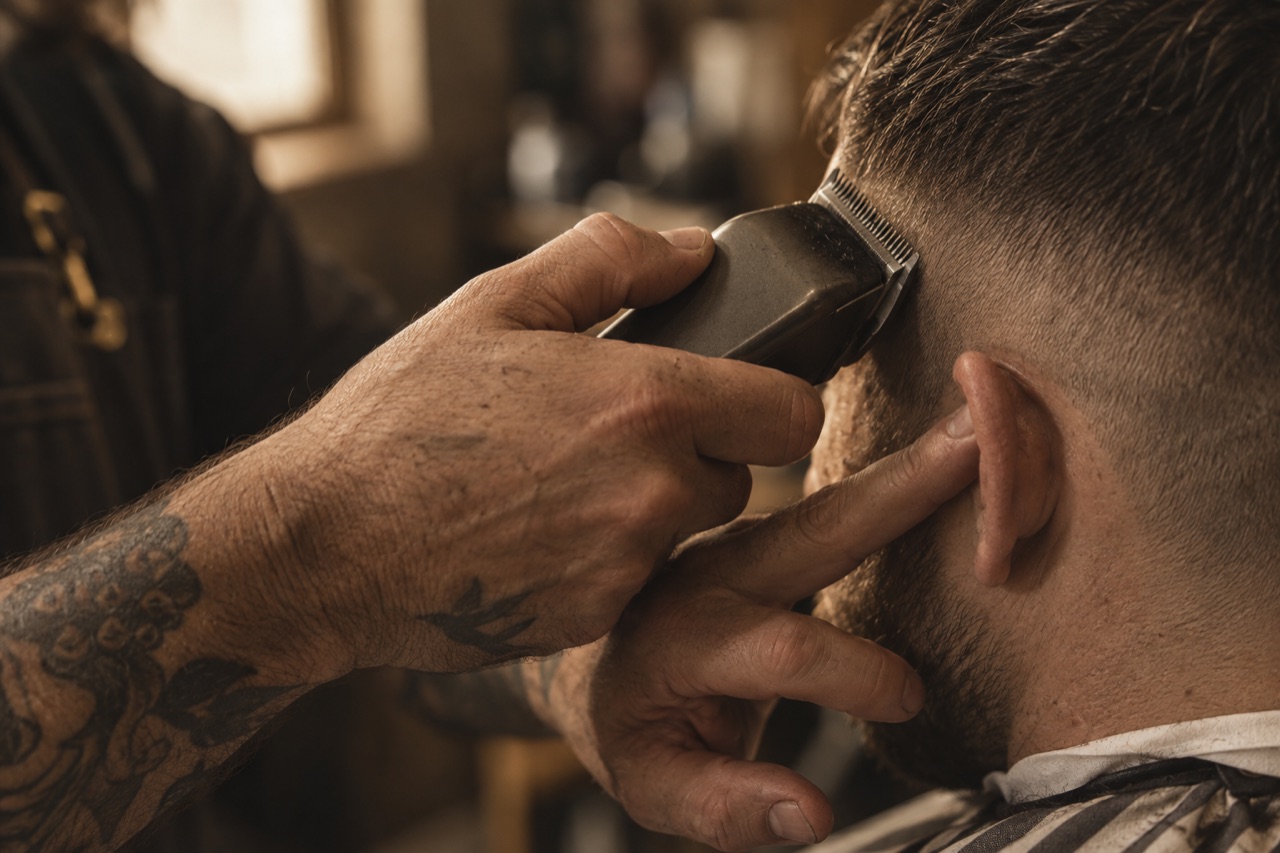 A barber's hands working clippers against the side of a head mid-cut.