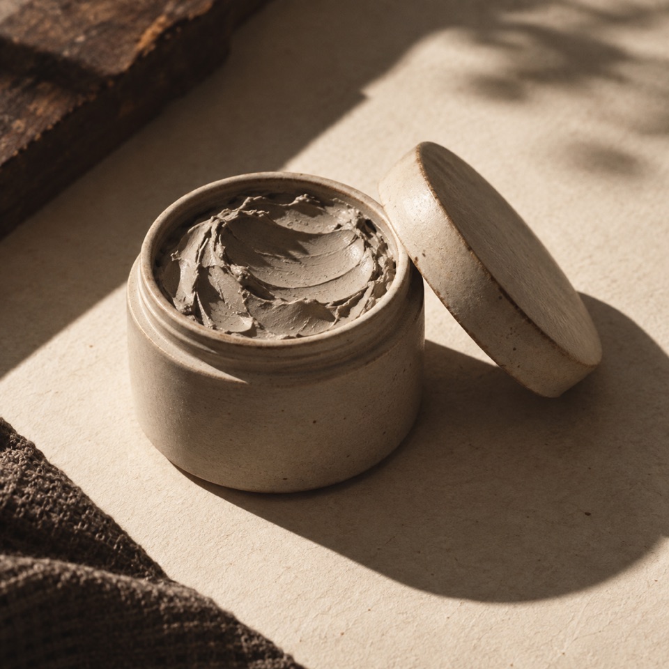 An unlabelled ceramic tub of hair clay on a pale surface with a hard directional shadow.