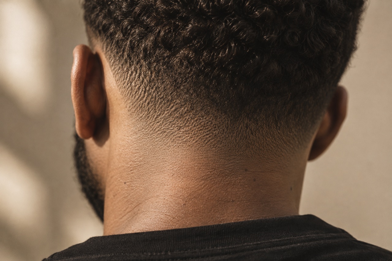 Close view of the back of a head showing a taper at the nape with visible gradation.